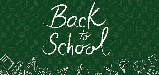 Green and white graphic with school related icons and text "Back to School"