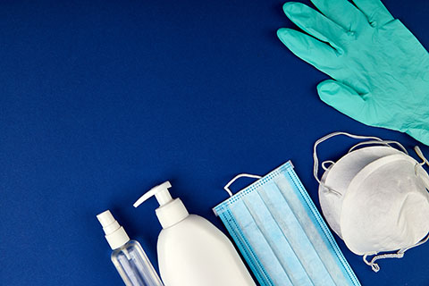 Image with gloves, masks, and sanitizer